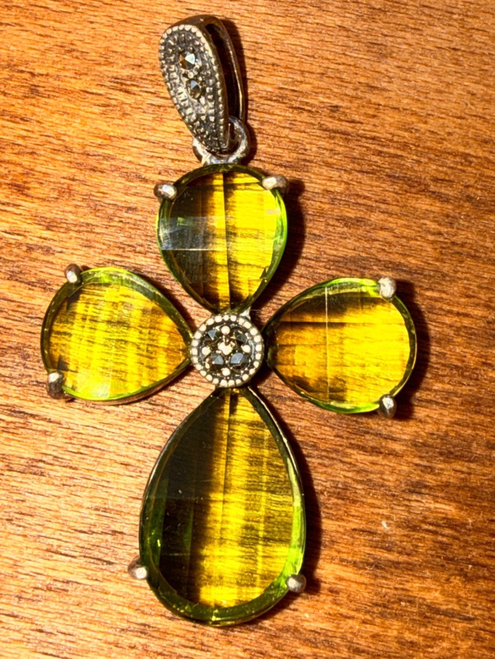Vintage Sterling Silver Peridot & Marcasite Cross Pendant - 1.67 inch